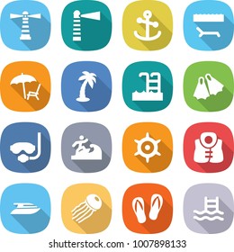 flat vector icon set - lighthouse vector, anchor, lounger, palm, pool, flippers, diving mask, surfer, handwheel, life vest, yacht, jellyfish, flip flops
