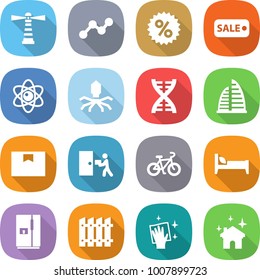 flat vector icon set - lighthouse vector, graph, percent, sale, atom, virus, dna, skyscraper, package box, courier delivery, bike, bed, fridge, fence, wiping, house cleaning