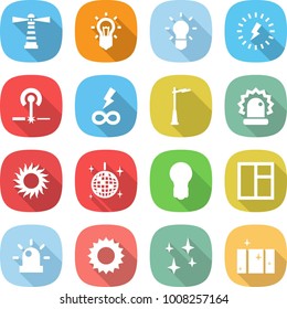 flat vector icon set - lighthouse vector, bulb, lightning, laser, infinity power, outdoor light, alarm, sun, disco ball, window, siren, shining, clean