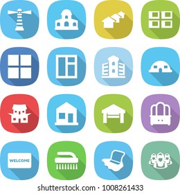 Flat Vector Icon Set - Lighthouse Vector, Mansion, Houses, Panel House, Window, Building, Dome, Japanese, Home, Garage, Dresser, Welcome Mat, Brush, Floor Washing, Outsource