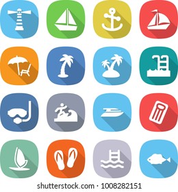 flat vector icon set - lighthouse vector, boat, anchor, sail, lounger, palm, island, pool, diving mask, surfer, yacht, inflatable mattress, windsurfing, flip flops, fish