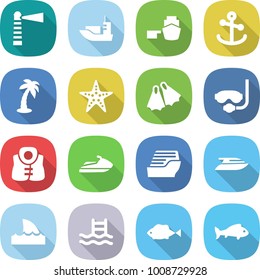 flat vector icon set - lighthouse vector, sea shipping, port, anchor, palm, starfish, flippers, diving mask, life vest, jet ski, cruise ship, yacht, shark flipper, pool, fish