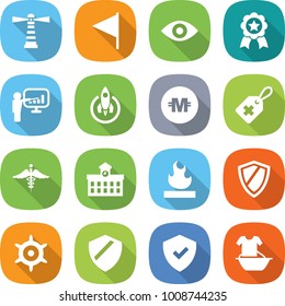 flat vector icon set - lighthouse vector, flag, eye, medal, presentation, rocket, crypto currency, medical label, ambulance sign, university, flammable, shield, handwheel, handle washing