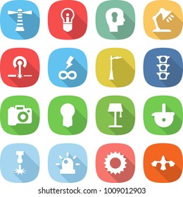 flat vector icon set - lighthouse vector, bulb, head, table lamp, laser, infinity power, outdoor light, traffic, camera, floor, ladle, siren, sun, hard reach place cleaning