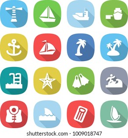 flat vector icon set - lighthouse vector, boat, sea shipping, port, anchor, sail, palm, island, pool, starfish, flippers, surfer, life vest, shark flipper, inflatable mattress, windsurfing