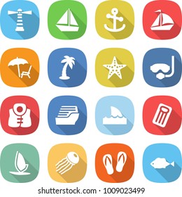 flat vector icon set - lighthouse vector, boat, anchor, sail, lounger, palm, starfish, diving mask, life vest, cruise ship, shark flipper, inflatable mattress, windsurfing, jellyfish, flip flops