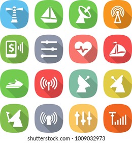 flat vector icon set - lighthouse vector, boat, satellite antenna, mobile pay, equalizer, heart pulse, sail, jet ski, wireless, setup, signal