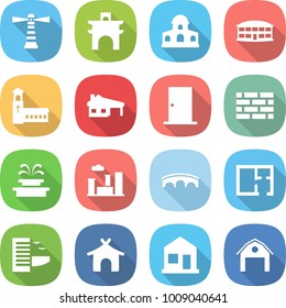 flat vector icon set - lighthouse vector, arch, mansion, airport building, church, house with garage, door, brick wall, fountain, city, bridge, plan, hotel, bungalow, home, barn