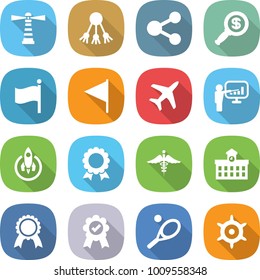 flat vector icon set - lighthouse vector, share, dollar magnifier, flag, plane, presentation, rocket, medal, ambulance sign, university, tennis, handwheel