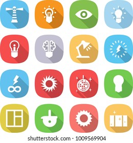 flat vector icon set - lighthouse vector, bulb, eye, brain, table lamp, lightning, infinity power, sun, disco ball, window, ladle, clean