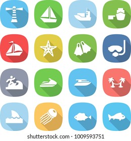 flat vector icon set - lighthouse vector, boat, sea shipping, port, sail, starfish, flippers, diving mask, surfer, jet ski, yacht, palm hammock, shark flipper, jellyfish, fish