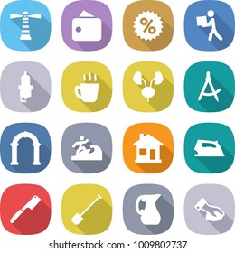 flat vector icon set - lighthouse vector, wallet, percent, courier, spark plug, hot drink, kidneys, draw compass, arch, surfer, home, iron, chef knife, shovel, jug, wiping