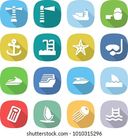 flat vector icon set - lighthouse vector, sea shipping, port, anchor, pool, starfish, diving mask, jet ski, cruise ship, yacht, shark flipper, inflatable mattress, windsurfing, jellyfish