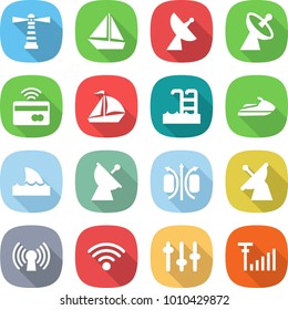 flat vector icon set - lighthouse vector, boat, satellite antenna, tap to pay, sail, pool, jet ski, shark flipper, magnetic field, wireless, setup, signal