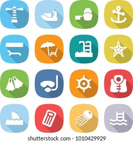 flat vector icon set - lighthouse vector, sea shipping, port, anchor, lounger, pool, starfish, flippers, diving mask, handwheel, life vest, shark flipper, inflatable mattress, jellyfish