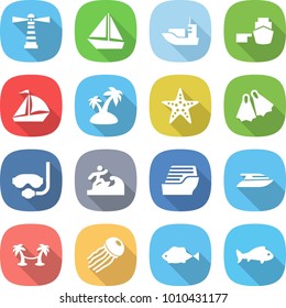 flat vector icon set - lighthouse vector, boat, sea shipping, port, sail, island, starfish, flippers, diving mask, surfer, cruise ship, yacht, palm hammock, jellyfish, fish