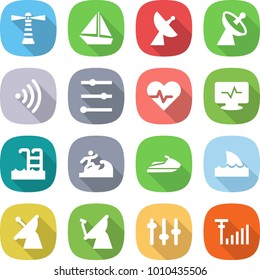 flat vector icon set - lighthouse vector, boat, satellite antenna, wireless, equalizer, heart pulse, monitor, pool, surfer, jet ski, shark flipper, setup, signal