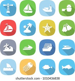 flat vector icon set - lighthouse vector, boat, sea shipping, port, sail, island, starfish, flippers, surfer, jet ski, cruise ship, yacht, shark flipper, jellyfish, fish