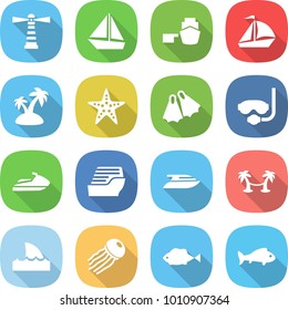flat vector icon set - lighthouse vector, boat, port, sail, island, starfish, flippers, diving mask, jet ski, cruise ship, yacht, palm hammock, shark flipper, jellyfish, fish