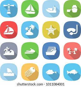 flat vector icon set - lighthouse vector, boat, sea shipping, port, sail, island, starfish, diving mask, surfer, jet ski, cruise ship, palm hammock, shark flipper, jellyfish, fish