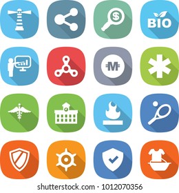 flat vector icon set - lighthouse vector, share, dollar magnifier, bio, presentation, spinner, crypto currency, ambulance star, sign, university, flammable, tennis, shield, handwheel, handle washing