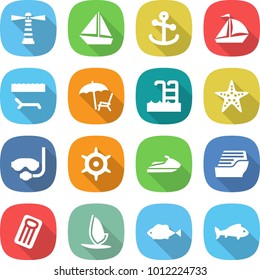 flat vector icon set - lighthouse vector, boat, anchor, sail, lounger, pool, starfish, diving mask, handwheel, jet ski, cruise ship, inflatable mattress, windsurfing, fish