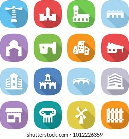 flat vector icon set - lighthouse vector, castle, mansion, bridge, minaret, slum, modern architecture, house with garage, building, fort, office, shop, antique column, windmill, fence