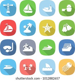 flat vector icon set - lighthouse vector, boat, sea shipping, port, sail, island, starfish, flippers, diving mask, surfer, jet ski, cruise ship, yacht, palm hammock, shark flipper, jellyfish