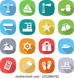 flat vector icon set - lighthouse vector, boat, port, lounger, pool, starfish, flippers, surfer, handwheel, life vest, yacht, inflatable mattress, jellyfish, flip flops