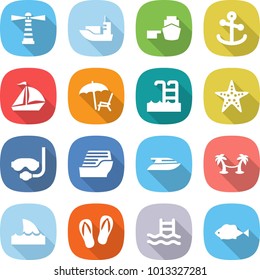 flat vector icon set - lighthouse vector, sea shipping, port, anchor, sail boat, lounger, pool, starfish, diving mask, cruise ship, yacht, palm hammock, shark flipper, flip flops, fish