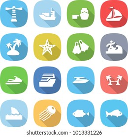flat vector icon set - lighthouse vector, sea shipping, port, sail boat, island, starfish, flippers, surfer, jet ski, cruise ship, yacht, palm hammock, shark flipper, jellyfish, fish
