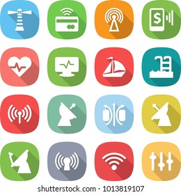flat vector icon set - lighthouse vector, tap to pay, antenna, mobile, heart pulse, monitor, sail boat, pool, wireless, satellite, magnetic field, setup