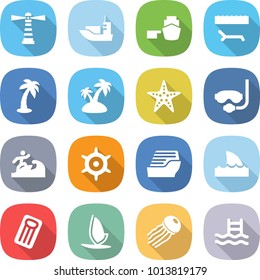 flat vector icon set - lighthouse vector, sea shipping, port, lounger, palm, island, starfish, diving mask, surfer, handwheel, cruise ship, shark flipper, inflatable mattress, windsurfing, jellyfish