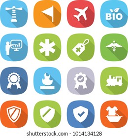 flat vector icon set - lighthouse vector, flag, plane, bio, presentation, ambulance star, medical label, sign, medal, flammable, train, shield, handle washing