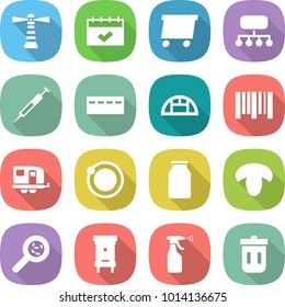 flat vector icon set - lighthouse vector, calendar, delivery, structure, syringe, bunker, greenhouse, bar code, trailer, orbit, bank, mushroom, viruses, hive, sprayer, trash bin