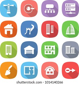 flat vector icon set - lighthouse vector, cell corection, structure, server, home, greate wall, skyscrapers, skyscraper, garage, modular house, district, construction, plan, electron