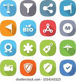 flat vector icon set - lighthouse vector, funnel, share, flag, bio, spinner, crypto currency, medal, ambulance star, medical label, sign, train, shield