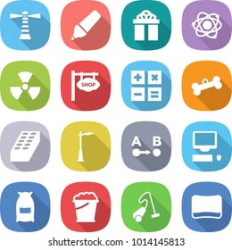 flat vector icon set - lighthouse vector, marker, gift, atom, nuclear, shop signboard, calculator, bone, brick, outdoor light, route a to b, computer, flour, foam bucket, vacuum cleaner, sponge