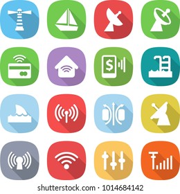 flat vector icon set - lighthouse vector, boat, satellite antenna, tap to pay, wireless home, mobile, pool, shark flipper, magnetic field, setup, signal