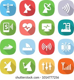 flat vector icon set - lighthouse vector, satellite antenna, wireless, mobile pay, heart pulse, monitor, pool, jet ski, shark flipper, magnetic field, setup, signal