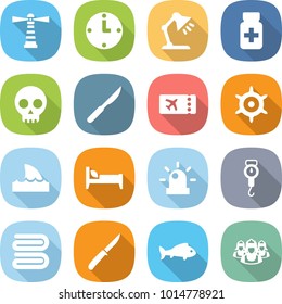 flat vector icon set - lighthouse vector, clock, table lamp, pills bottle, skull, scalpel, ticket, handwheel, shark flipper, bed, siren, handle scales, towel, knife, fish, outsource