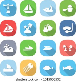 flat vector icon set - lighthouse vector, boat, sea shipping, port, sail, island, flippers, diving mask, surfer, jet ski, yacht, palm hammock, shark flipper, jellyfish, fish
