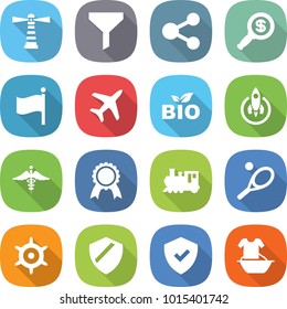 flat vector icon set - lighthouse vector, funnel, share, dollar magnifier, flag, plane, bio, rocket, ambulance sign, medal, train, tennis, handwheel, shield, handle washing