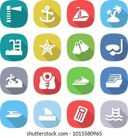 flat vector icon set - lighthouse vector, anchor, sail boat, island, pool, starfish, flippers, diving mask, surfer, life vest, jet ski, cruise ship, yacht, shark flipper, inflatable mattress