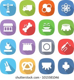 flat vector icon set - lighthouse vector, truck, atom core, market, broken bone, fountain, stadium, flammable, curtain, ring button, welding, knife holder, pretzel, udder, maple leaf