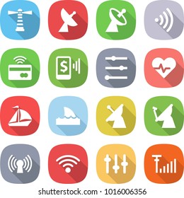flat vector icon set - lighthouse vector, satellite antenna, wireless, tap to pay, mobile, equalizer, heart pulse, sail boat, shark flipper, setup, signal