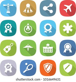 flat vector icon set - lighthouse vector, share, plane, medal, rocket, ambulance star, medical label, sign, university, tennis, shield