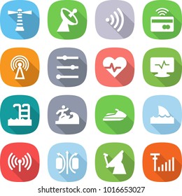 flat vector icon set - lighthouse vector, satellite antenna, wireless, tap to pay, equalizer, heart pulse, monitor, pool, surfer, jet ski, shark flipper, magnetic field, signal