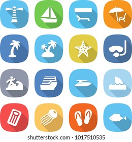 flat vector icon set - lighthouse vector, boat, lounger, palm, island, starfish, diving mask, surfer, cruise ship, yacht, shark flipper, inflatable mattress, jellyfish, flip flops, fish