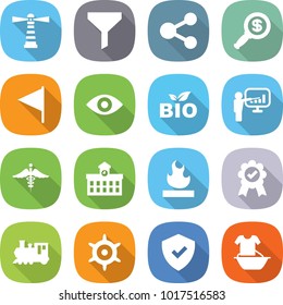 flat vector icon set - lighthouse vector, funnel, share, dollar magnifier, flag, eye, bio, presentation, ambulance sign, university, flammable, medal, train, handwheel, shield, handle washing